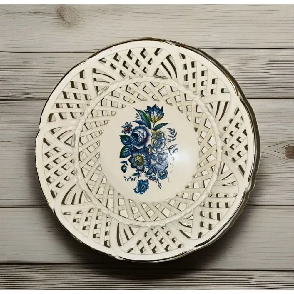 White Round Woven Latticed Ceramic Basket  Bowl Open Weave Set Of 2